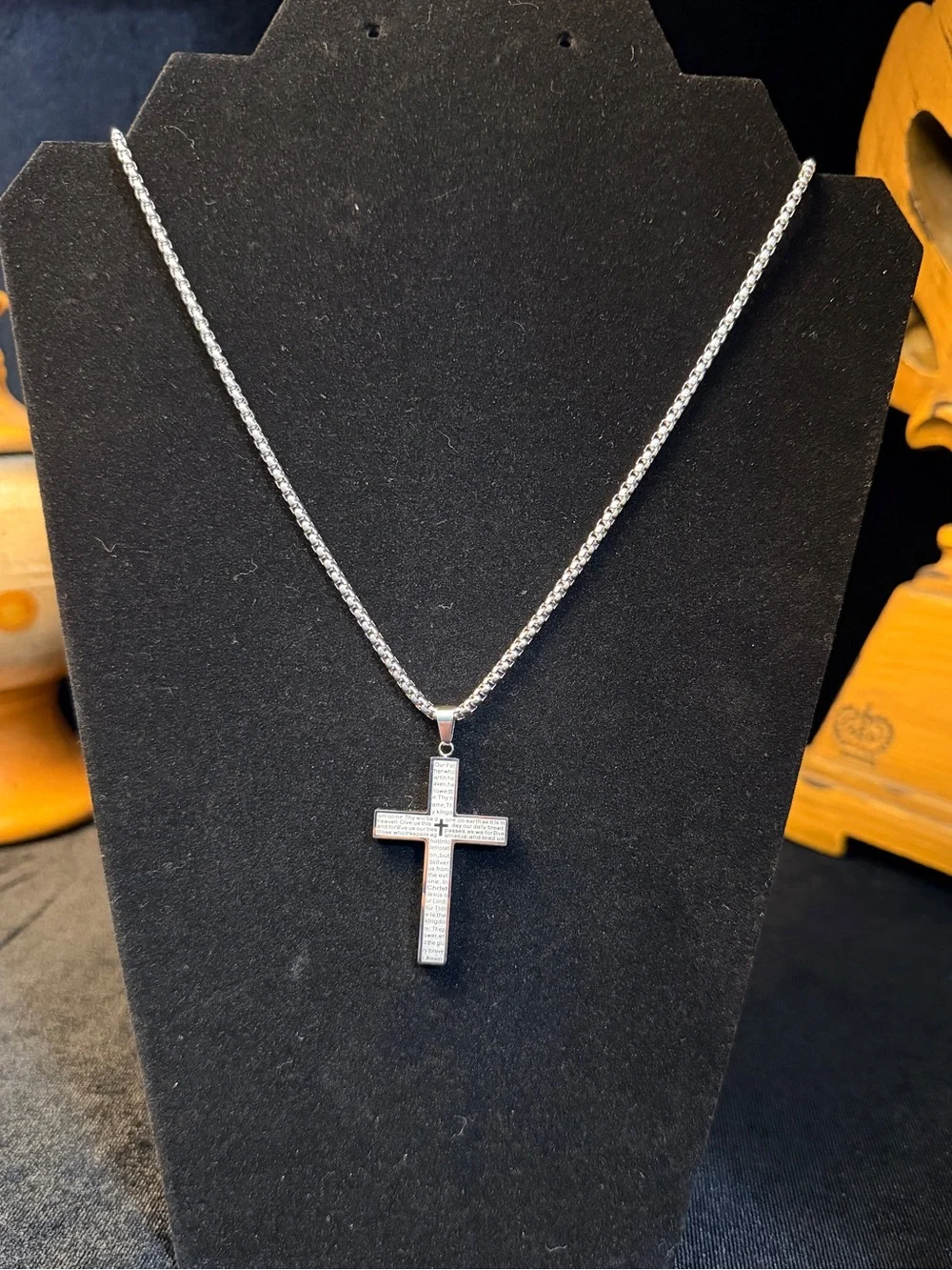 Lord’s Prayer Stainless Steel Cross Pendant w/ 24in white gold filled Cube chain